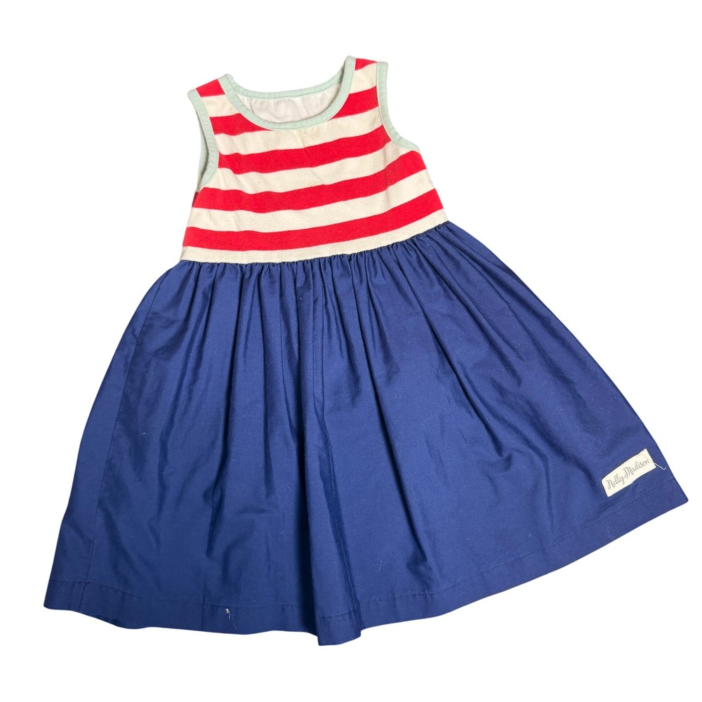Nelly Madison Girls 5 Patriotic Red White Blue Striped Sleeveless Dress USA Made